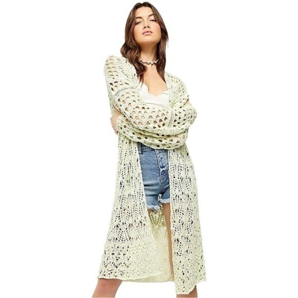 FREE PEOPLE Honeydew Sweet Talker Long Crochet Cardigan